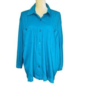 Roamans Womens Button Up Shirt Large Blue Long Sleeve